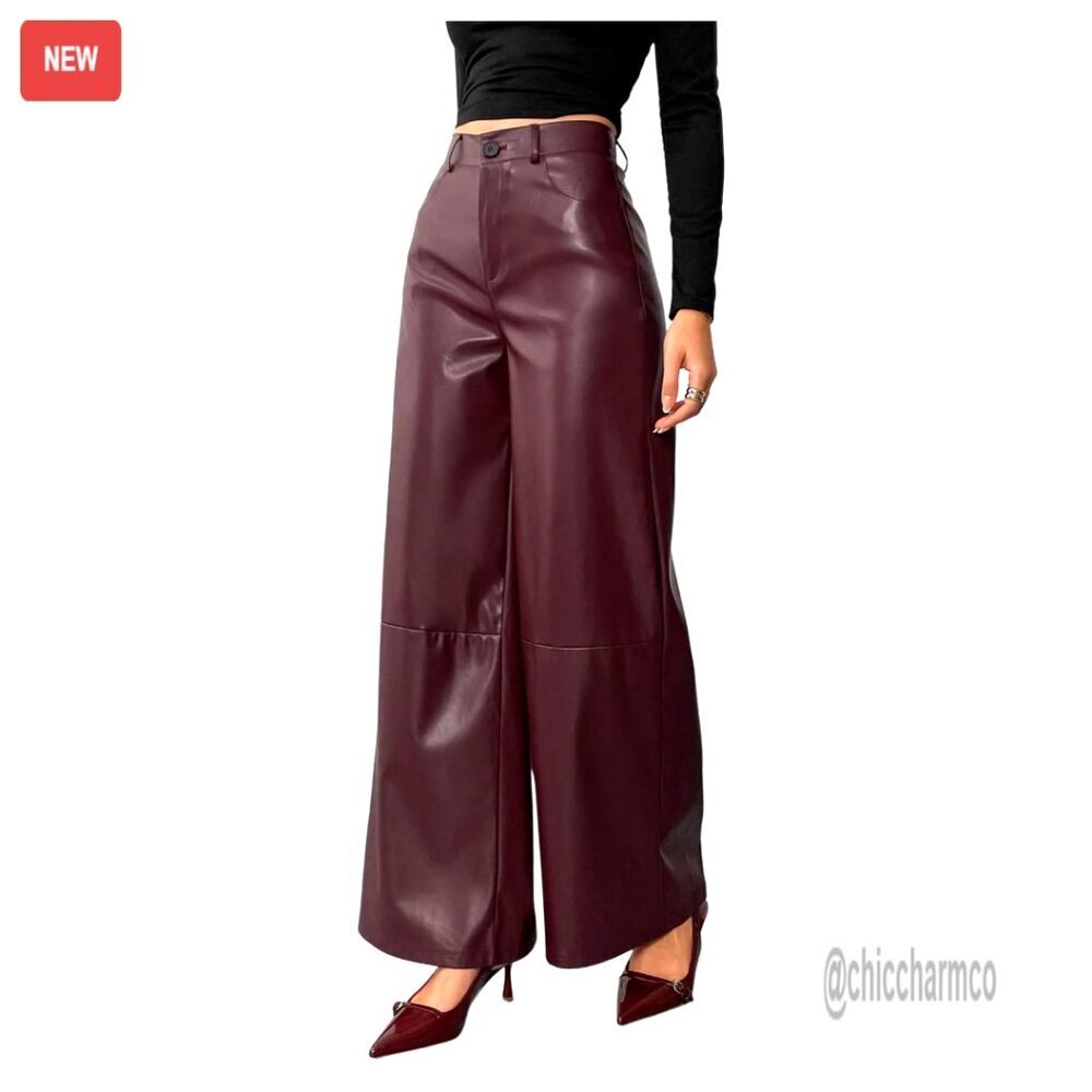 Faux Leather Wide Leg Pants High Waist Button Front Dressy Casual Trousers